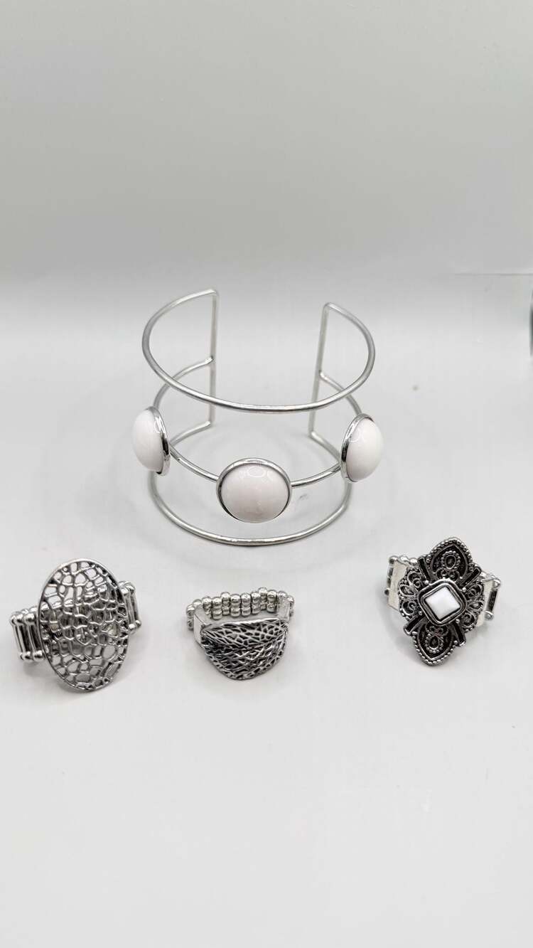 4-Piece Silver & White Statement Jewelry Bundle – Cuff Bracelet & Rings